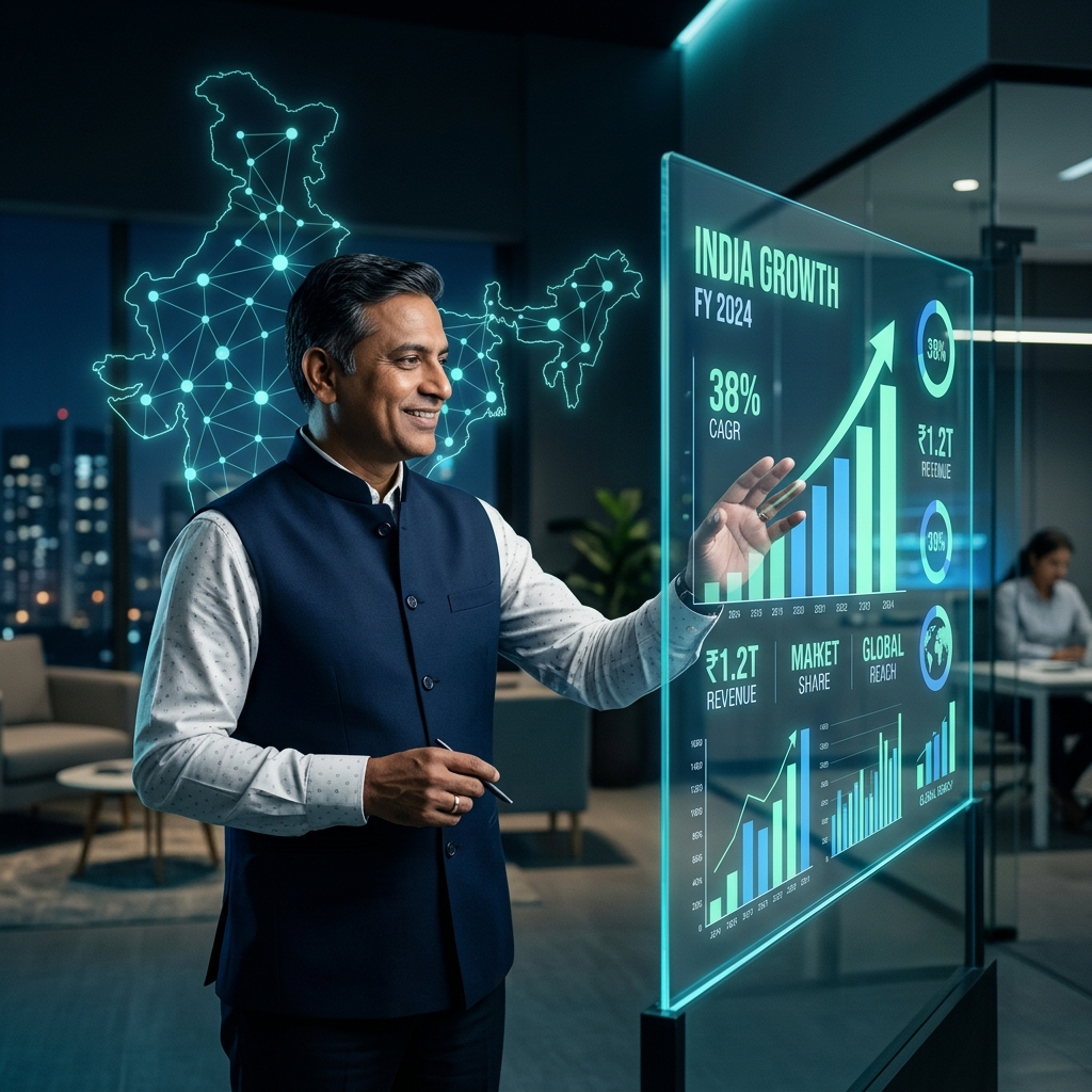 भारतीय व्यापारी डिजिटल स्क्रीन के साथ — GYB360° Digital Swaraj